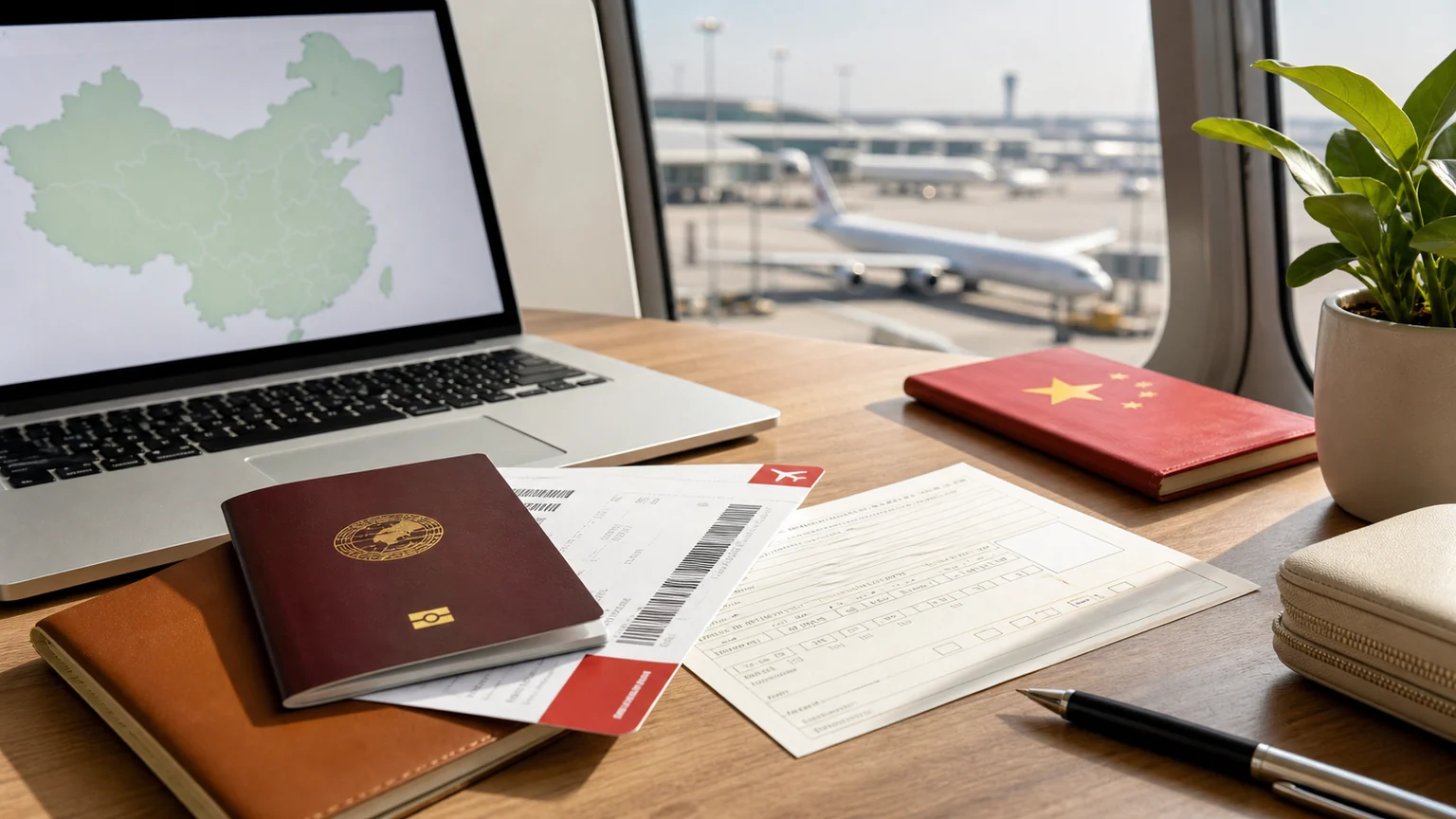 China visa-free travel planning documents passport and airport lounge
