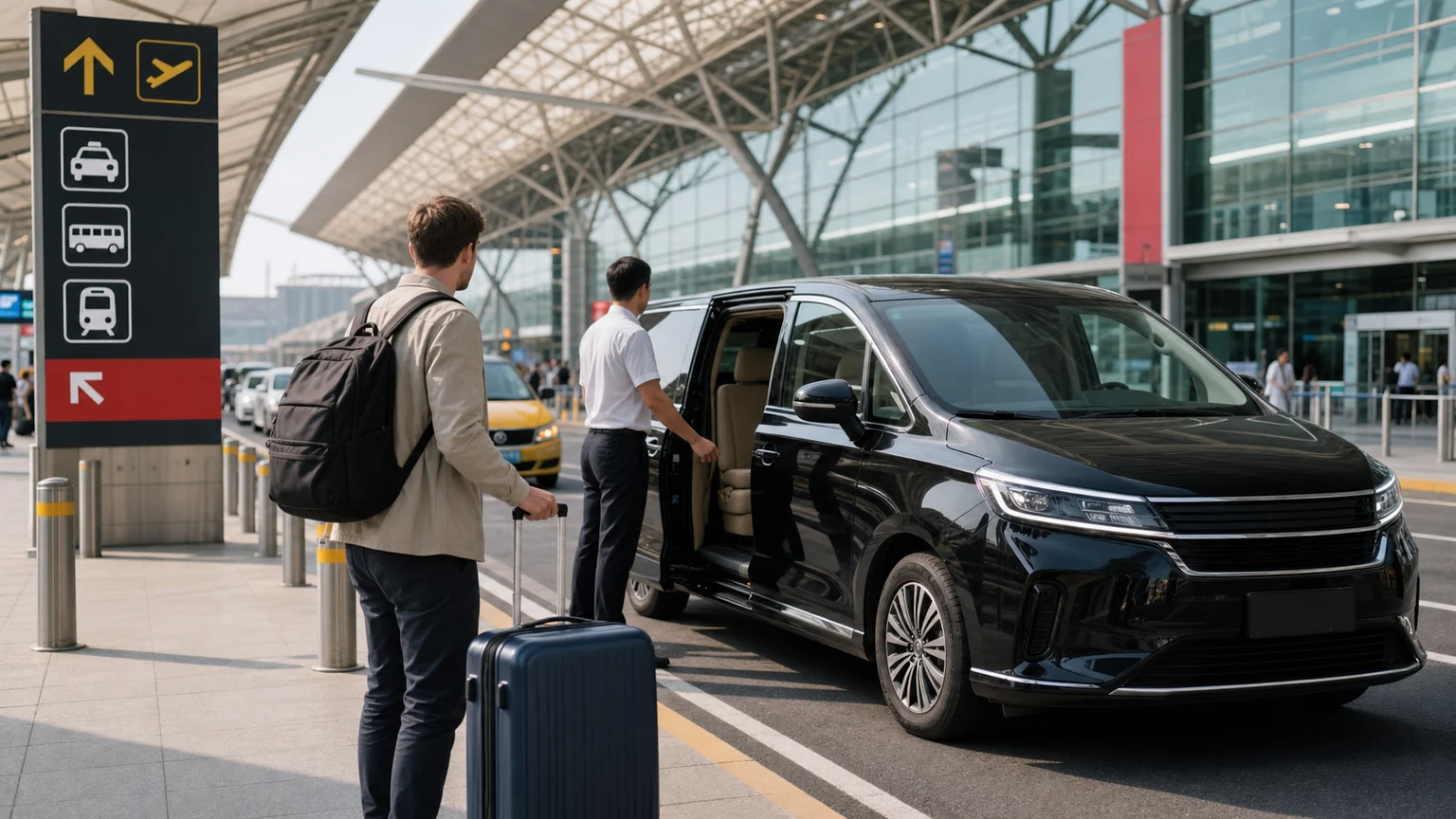 International traveler arriving at Guangzhou airport with luggage and transfer options