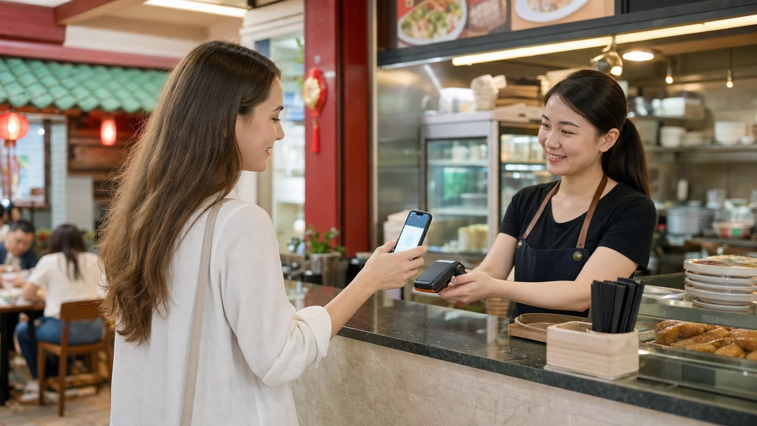 Foreign visitor using smartphone payment at a local restaurant in China
