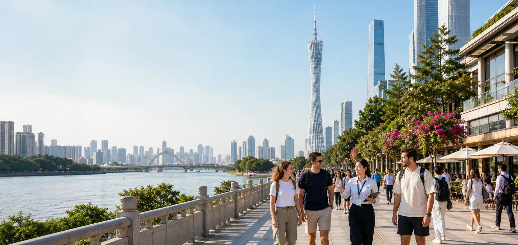 Guangzhou skyline and riverside city life