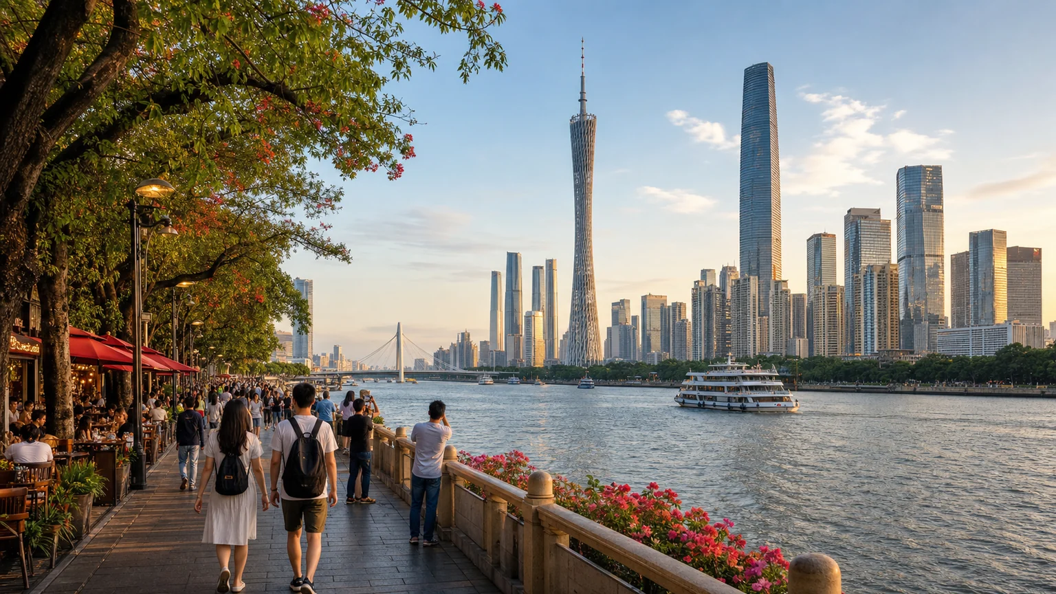 Guangzhou Pearl River promenade with Canton Tower and modern skyline for international visitors