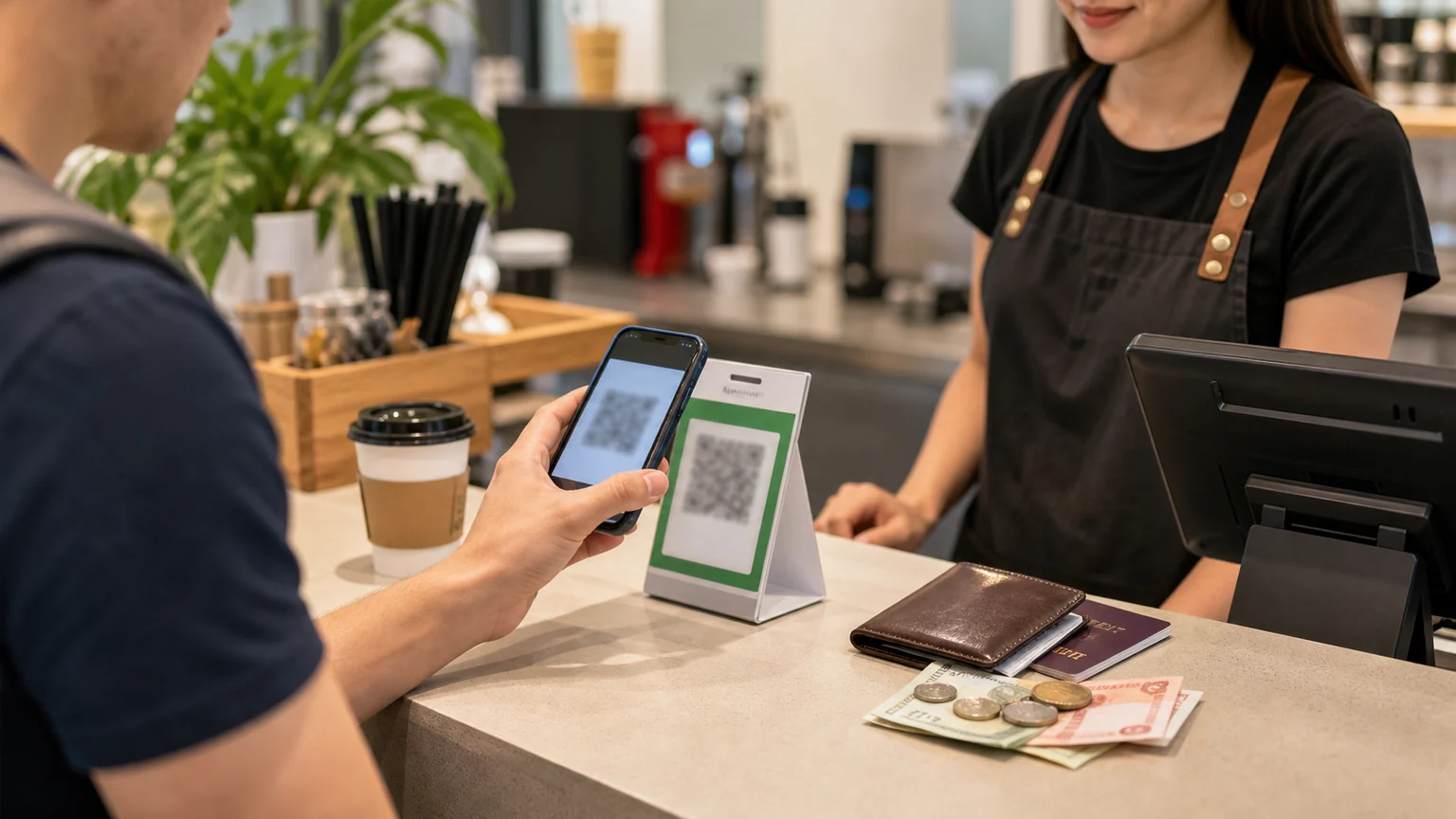 Foreign traveler using mobile QR payment at a checkout counter in China